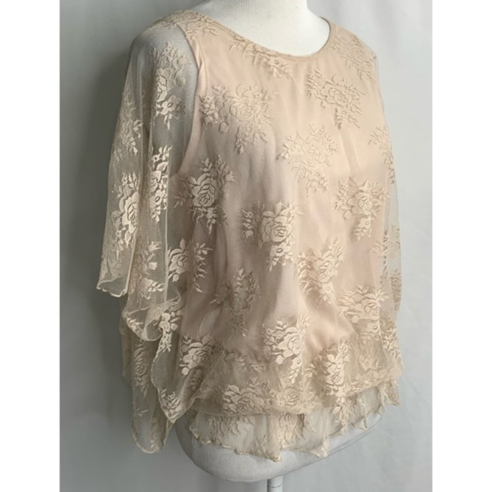 Poetry Nude Batwing Lace Overlay Round Neck Elastic Waist Blouse Top S